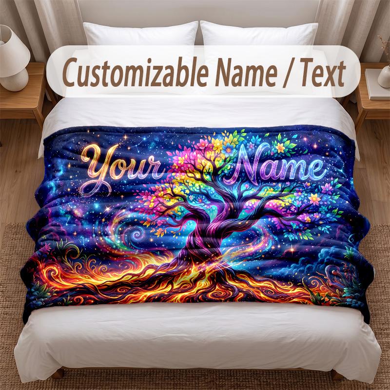 Tree of Life Theme Soft Blanket Personalized Custom Name Text Print Warm Blanket Home Sofa Bedroom Decor