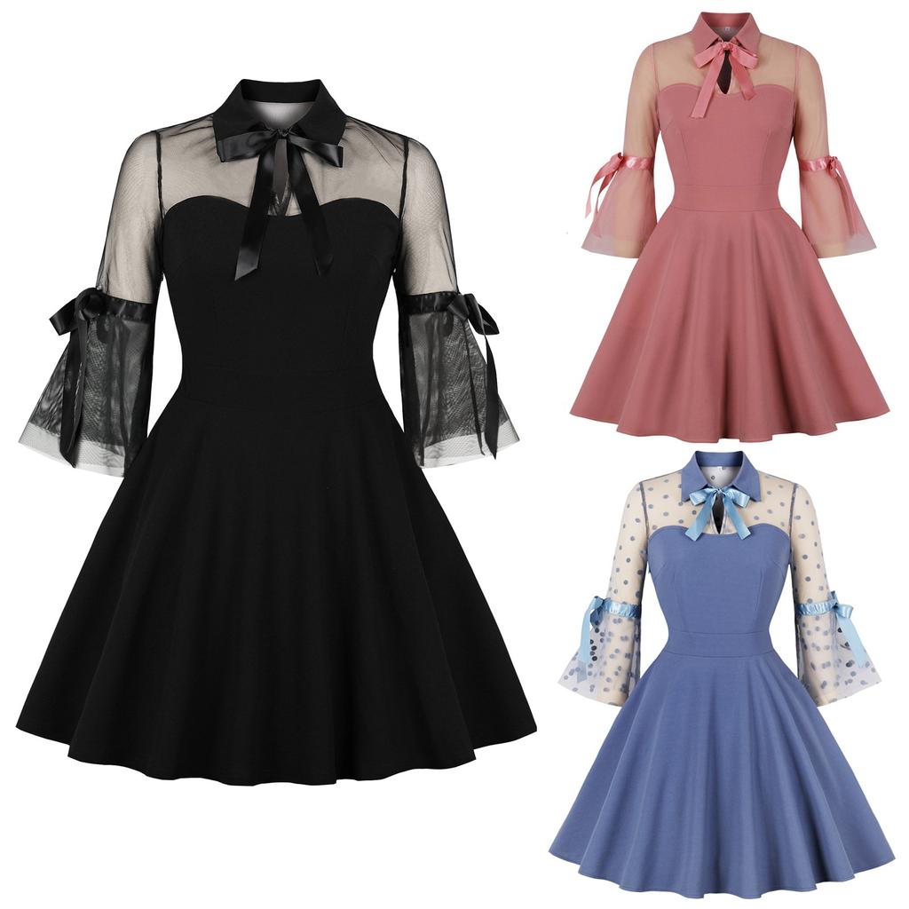 Frauen Party Farbe Langarm Retro Kleid Gothic Flare Ärmel Nähte Kleid