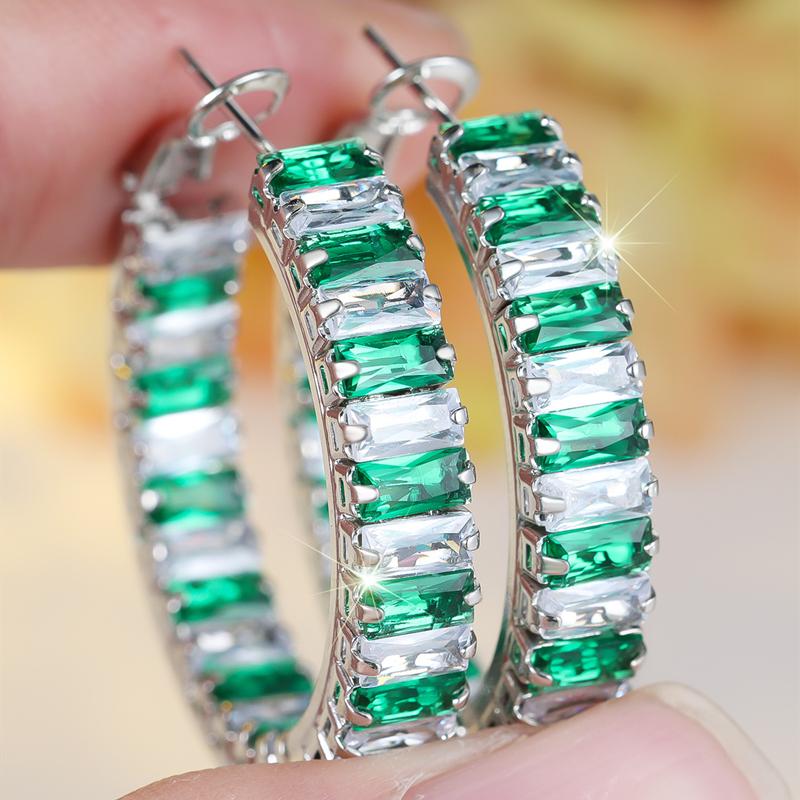 

Модные геометрические квадратные серьги-кольца с кубическим цирконием ярко-синего и белого цвета для женщин, роскошные украшения для вечеринок зелёный/серебряный