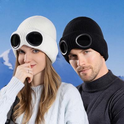 Hat Women Winter Windproof Glasses Pullover Knitted Hat Men Ski Fleece Warm Wool Hat Skullies Beanies Sleeve Cap
