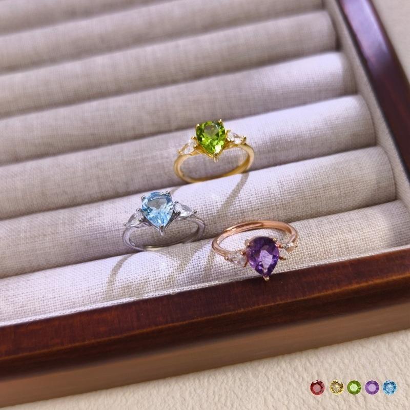 925 Sterling Silver Teardrop Ring for Women, Natural Topaz/Peridot/Amethyst Crystal Band, Fashion Jewelry