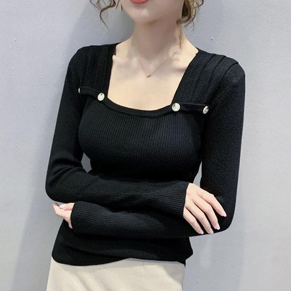 Design Sense Square Neck Long-sleeved Knitted Shirt Female Slim Slim Thin Bottoming Shirt Pullover Tops
