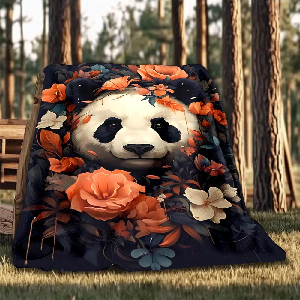 1pc Panda Floral Decor Throw Blanket Polyester Fiber, Lightweight Flannel, Soft & Warm, All Season Use for Outdoor, Camping Digital Print