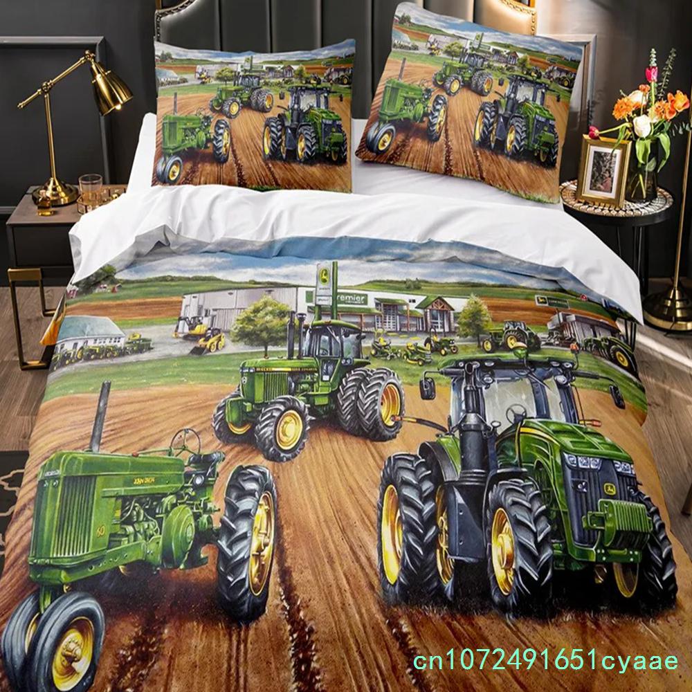 Boys Tractor Printed Bedding Set Men Construction Cars Pattern Comforter Cover For Kids Heavy Machinery Vehicles Duvet Cover