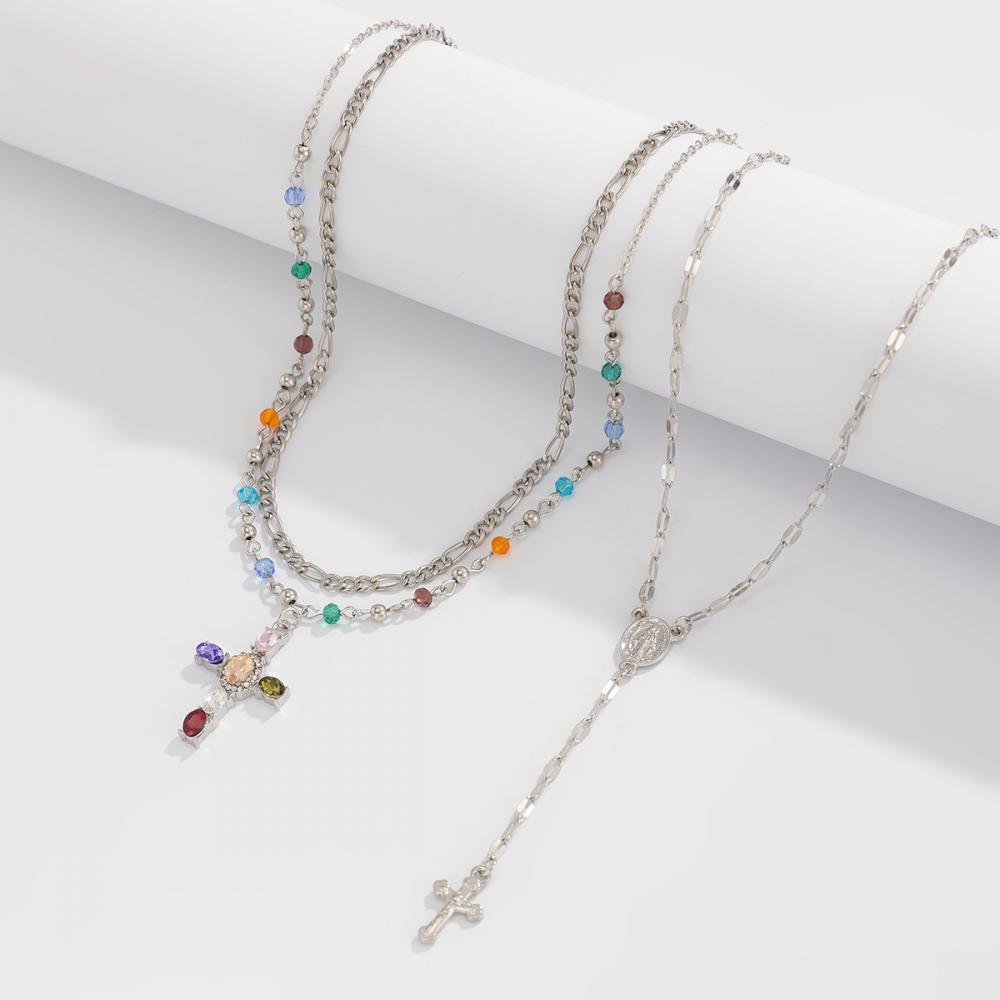 3Pcs/Set Hiphop Colored Zircon Cross Pendant Necklace for Women Men Y2K Punk Multi Layer Gold Color Chain Necklace Jewelry Gifts