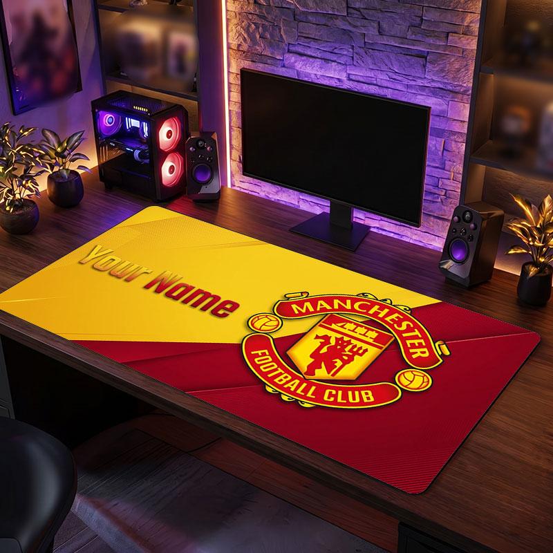 Tappetino per Mouse Grande Personalizzato Manchester United, Stampa Testo Nome Personalizzato, Tappetino da Scrivania Antiscivolo con Logo Calcio, Regalo per Gamer