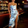European American Women's Clothing Spring New Style Sexy Elegant Contrast Color Print Pleated Slim Dress
