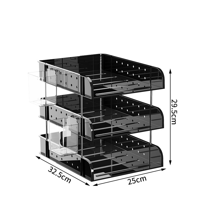 Vertical A4 Letter Tray Rack, Desk Organizer with Steel Columns and Two Pen Holders (3 Tiers, Black)