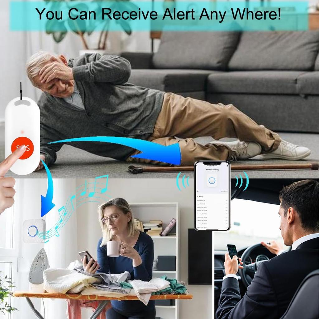 WiFi Caregiver Pager Wireless Call Button Nurse Alert System for Home/Elderly/Patient/Disabled with Phone App One Call Button One WiFi Receiver(only