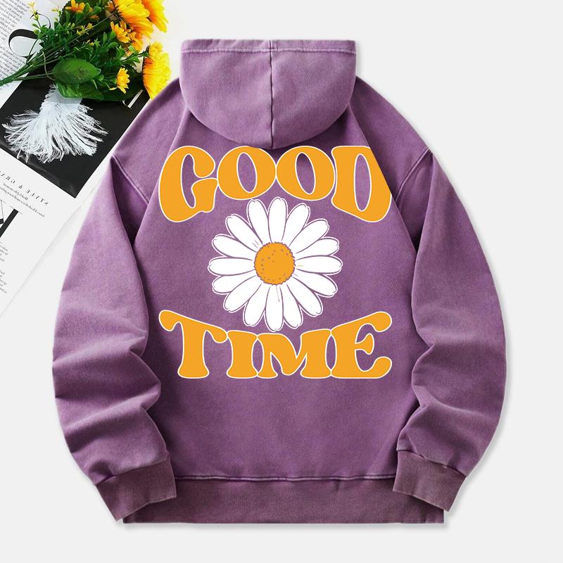 Gute Zeit Gewaschene Hoodies Damen Chrysanthemen-Drucke Baumwoll-Pullover Bequem Tasche Übergroße Kapuzen-Tops
