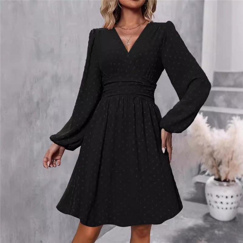 Neues Damen-Jacquard-Unterkleid mit V-Ausschnitt und Laternenärmeln, Langarm-Taille, Eleganter Stil, Schlichter, lässiger langer Rock