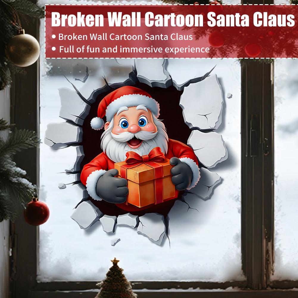 Cartoon Broken Wall Santa Claus Wall Sticker For Christmas Room Background Decor Mural New Year Decoration Self-adhesive Sticker