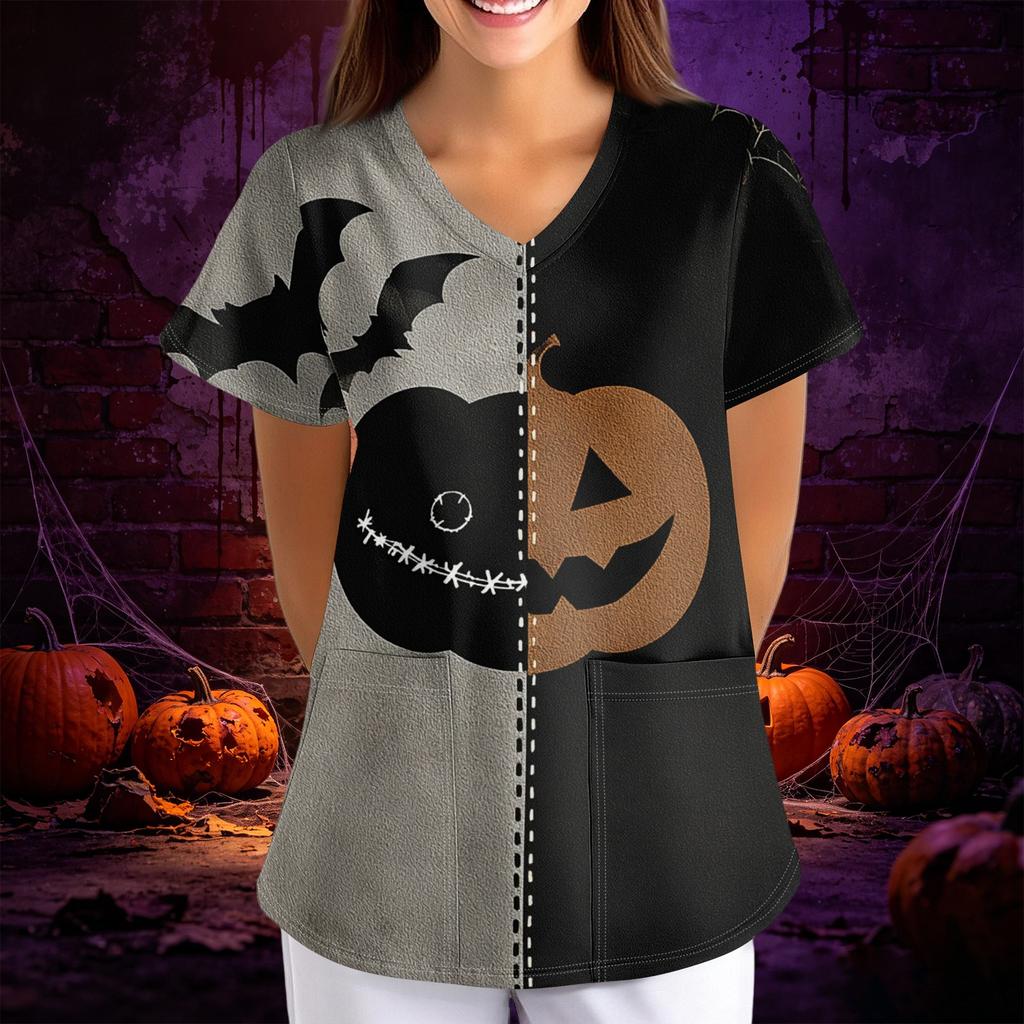 Women Halloween Print Loose Fit V Neck Short Sleeve Top with Pocket Comfortable Fabric for Work or Casual Wear