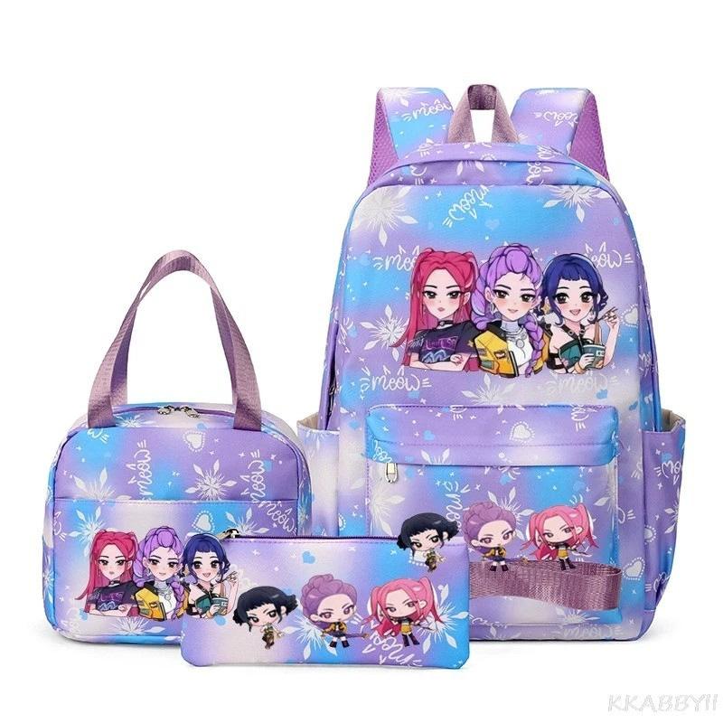 KPOP Nylon 3 Piece Set School Backpack for Students with Cartoon Print Air Cushion Design