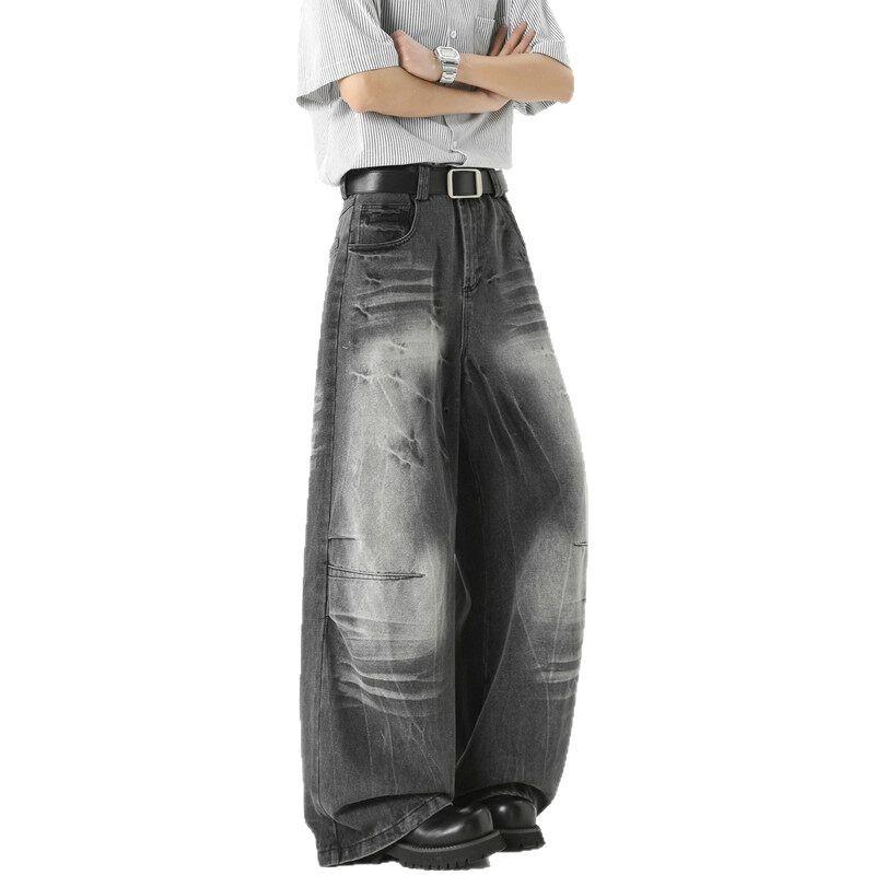 American high street retro jeans men's and women's loose wide-leg pants washed and old floor-mopping pants lightning pattern trousers ruffian handsome