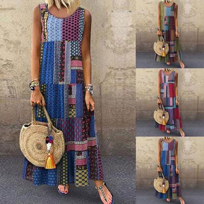 Women Fashion Loose Long Dress Sleeveless  Printed Retro Dress