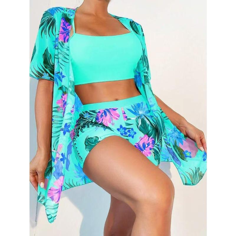 

European and American New Swimsuit Women s High Waist Split Printing Multi-color Mesh Sand Sunscreen Outer Cover Three-piece Swimsuit XL