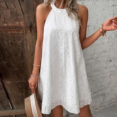 O-Neck Sleeveless Off Shoulder Beach Dress Solid Color Loose Hem Women Summer Casual Hollow Flower Halter Dress
