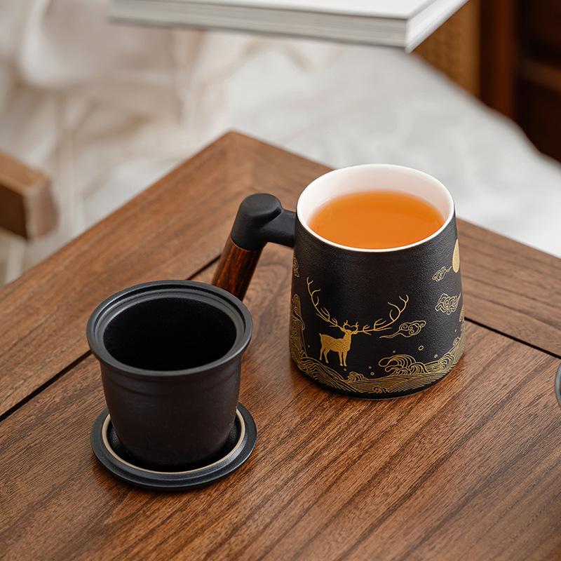 Creative Coarse Pottery Retro Mug Home Filter Golden Elk Office Coffee Cup High-end Collection Gift Box Printing