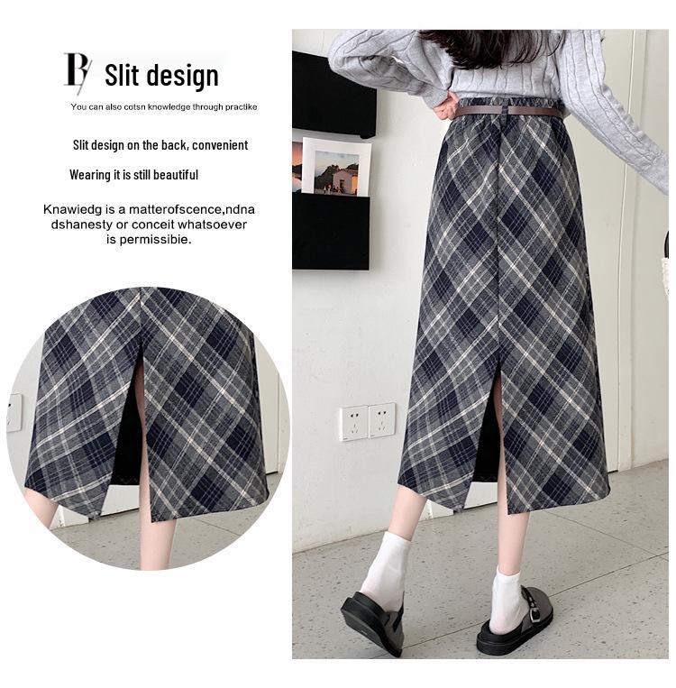 Plus Size Korean-Style Plaid Wool Skirt with Belt for Women