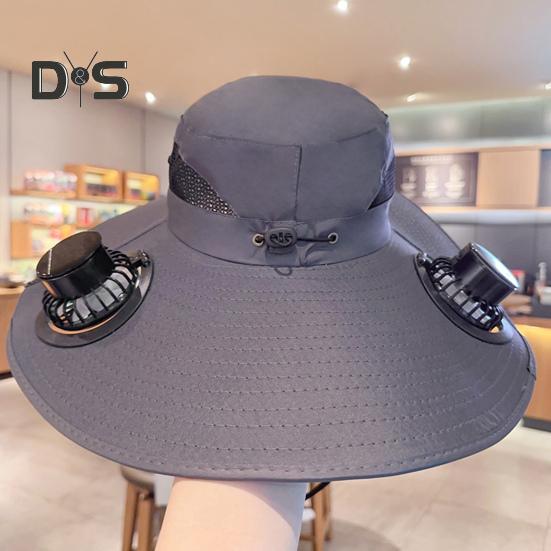 Fächerhut mit breiter Krempe für Damen und Herren, Fischerhut für draußen, mit solar-/USB-betriebenem Ventilator, verstellbarem Visier zum Wandern, Camping und Strand