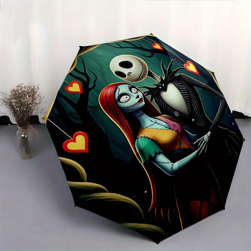 1 Automatischer Regenschirm mit 8 Speichen, Motiv Jack Skellington und Sally, Bunt, Tragbar, für Damen und Herren, Ein Kompakter Begleiter für den Weg zur Arbeit, Geeignet für Da