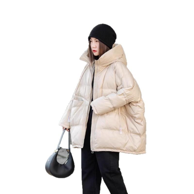 Womens Mid-Length Down Jacket Winter Warm Loose Fit Hooded Coat With Pockets White Duck 50% Fill Power