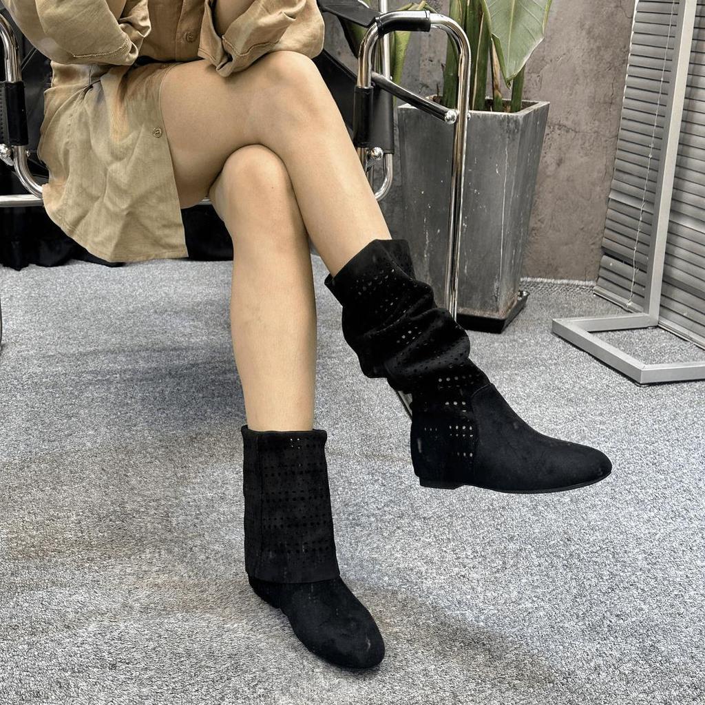 Herbst hohe Röhrenmode Stiefel hoher Absatz hohl innere Höhenerhöhung dicker Absatz runde Spitze Samt einzelne Röhre Stiefel