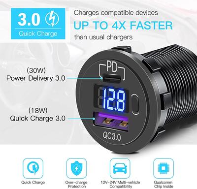 PD Type C QC 3.0 USB מטען מהיר לרכב שקע חשמל עם מתג הפעלה/כיבוי ומד מתח LED עבור טרקטורון קרוואנים ימיים לאופנועים