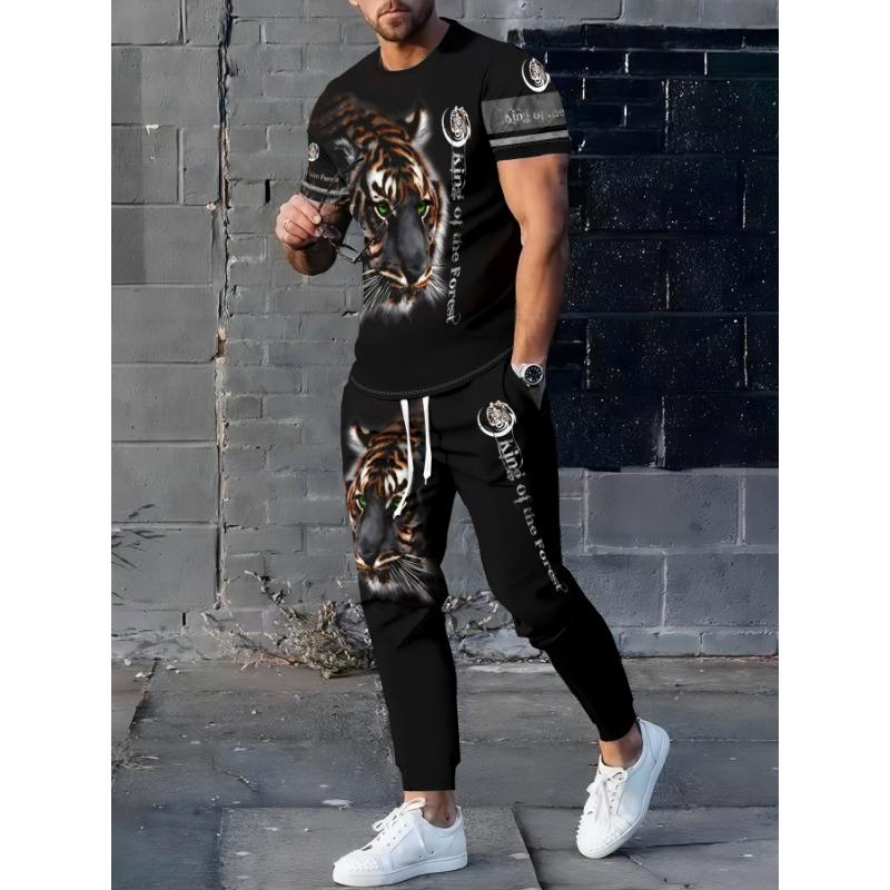 Men'S Sportswear | Elegant Casual Round Neck | Slightly Stretchy Knitted Fabric with 3D Print | Regular Fit Two-Piece Set