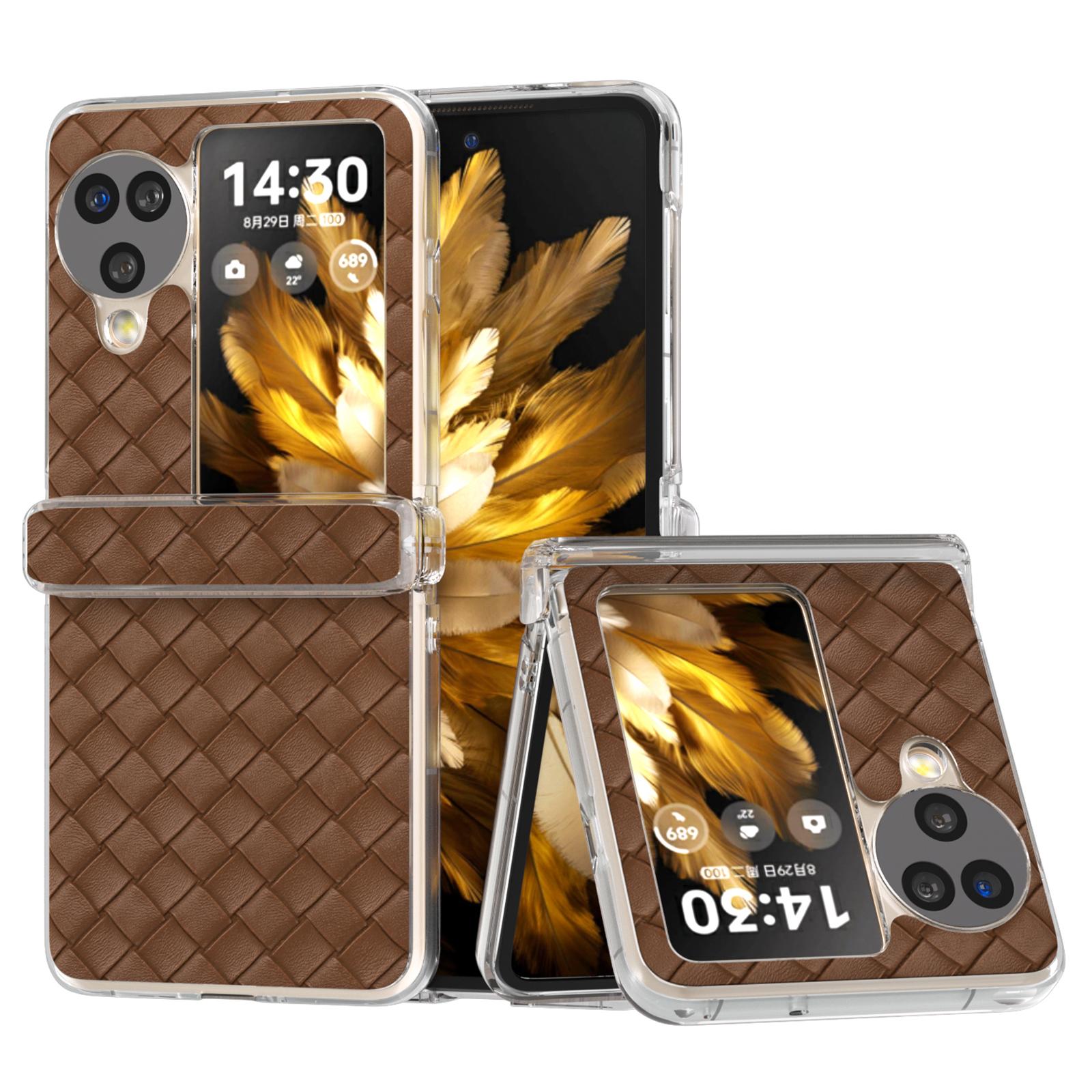 

For Oppo Find N3 Flip 5G Case Woven Texture Leather+PC Clear Edge Phone Cover Brown