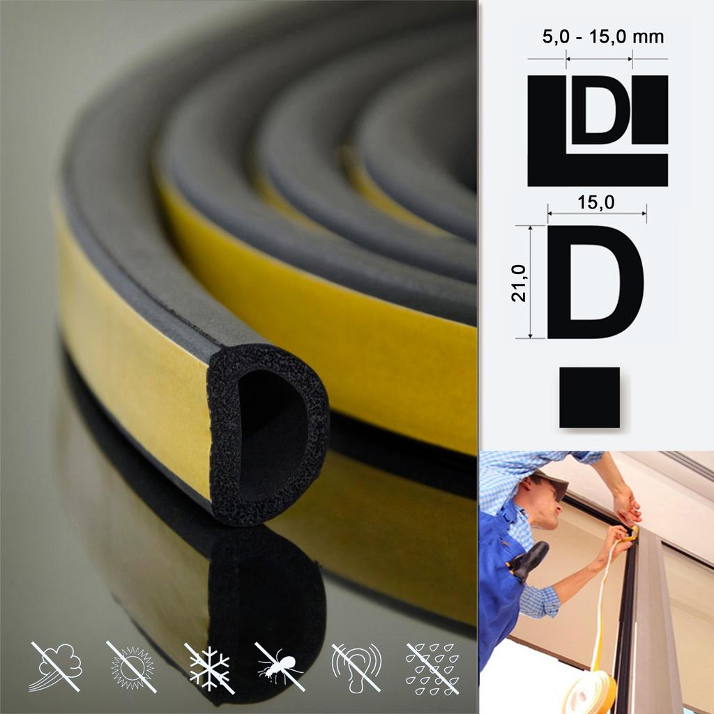 10m GUMMIDICHTUNG D-Profil SCHWARZ 21mm selbstklebend Fensterdichtung Türdichtung Gummi Dichtung Dichtungsband Profildichtung