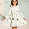 Girls Cream Printed Dress Furry Collar Long Sleeve Bow Waist A Line Flared Hem