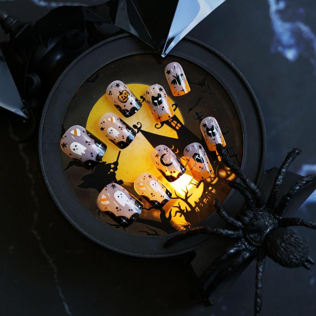 WM-99 Halloween Ghost & Pumpkin False Nail Tips - Star & Moon Design
