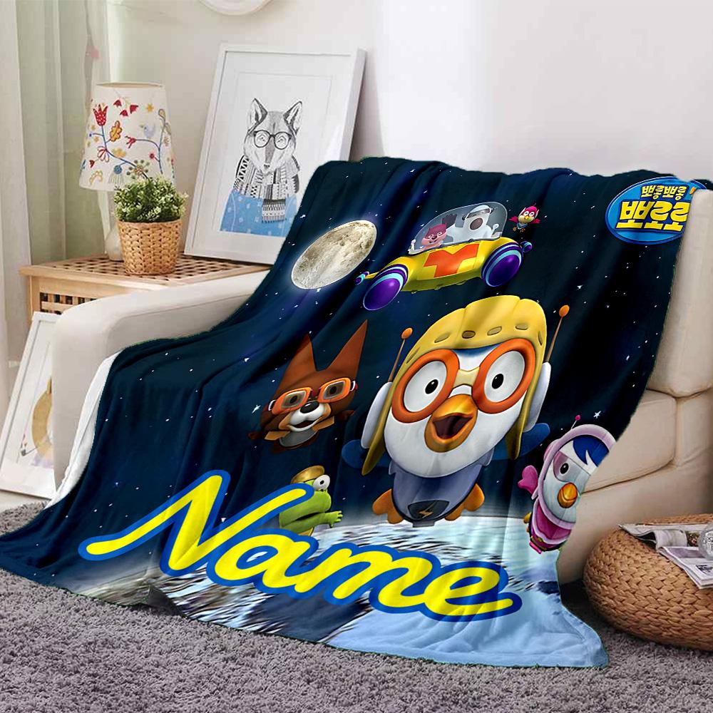 Custom Name Pororo Friends Flannel Blanket for Super Soft Cute Comfort Blanket for Travel Bedding Couch Sofa Blanket