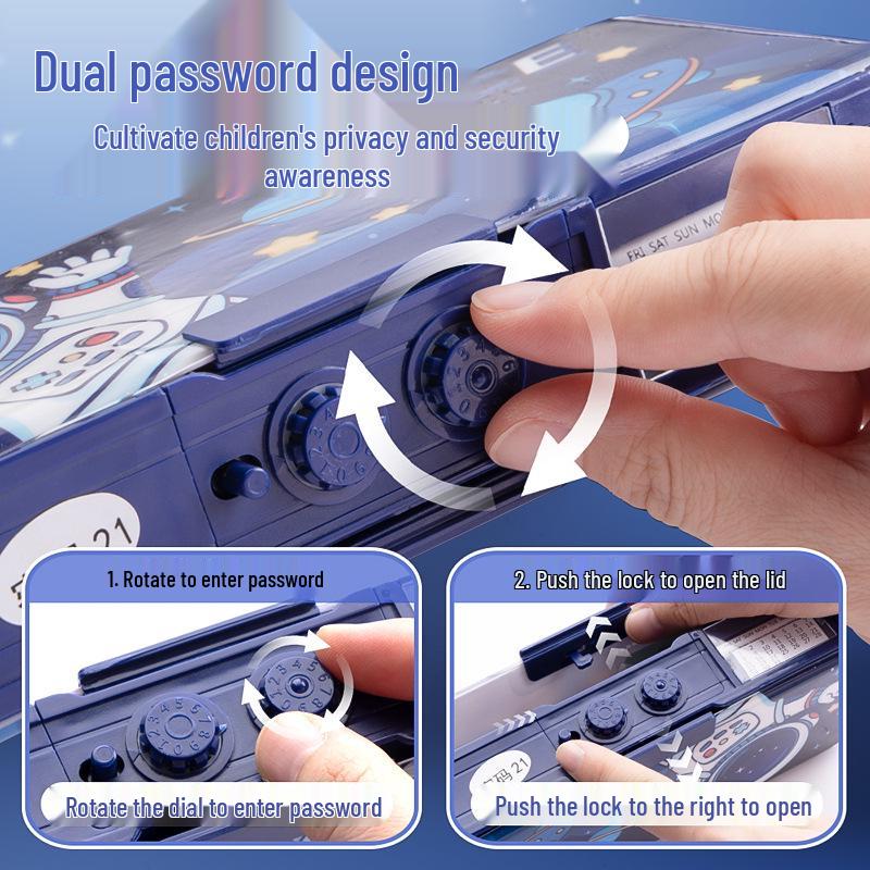 Kids Multi-Functional Pencil Case with Password Lock - Double Layer, Large Capacity for Boys and Girls