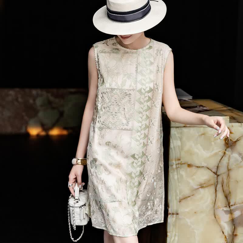 Elegant Linen Embroidered Sleeveless Cheongsam Dress
