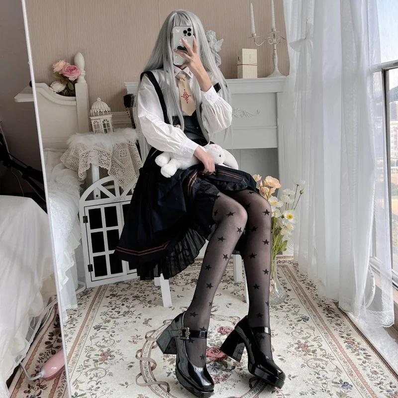 Women Star Print Tights Ultra-thin Nylon Thigh High Summer Stockings Pantyhose Women JK Japanese Style Y2k Girls Black Tights