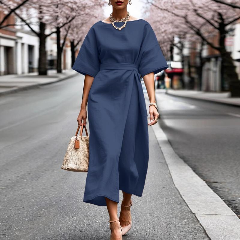 ZANZEA Women Solid Color Casual Round Neck Loose Half Sleeve Dress