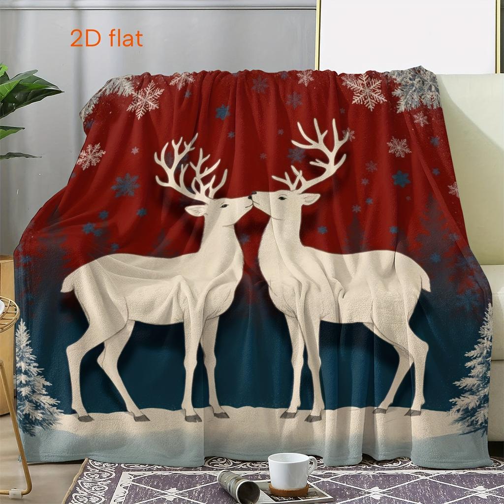 1pc Vintage Christmas Reindeer 2D Printed Blanket - Soft Flannel All-Season Cozy Throw for Sofa, Bed, Car, Office, Camping