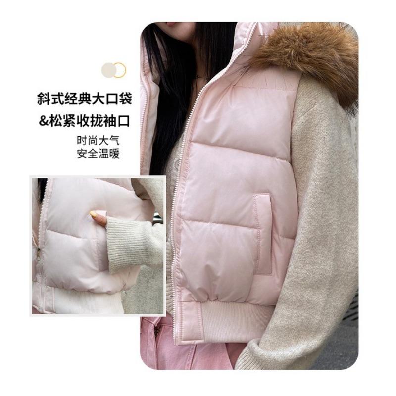 Women Hooded Fur Collar Padded Short Vest Warm Casual Autumn Winter