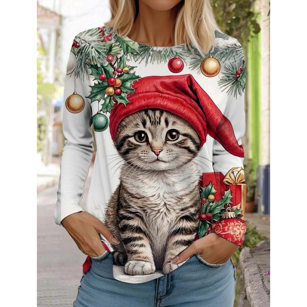 Autumn and Winter Round Neck 3D Christmas Cute Dog Printed Top Fashionable Casual Long Sleeved Women's T-shirts