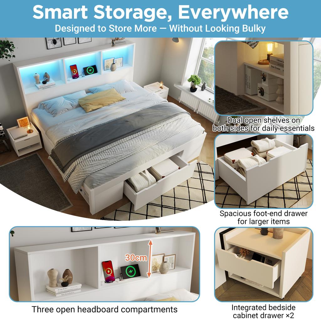 Bed 140x200 cm White with 2 Movable Nightstands, Wooden Bed with LED Lighting and USB Type-C Charging, Frame with Drawer and Shelves, without Mattress