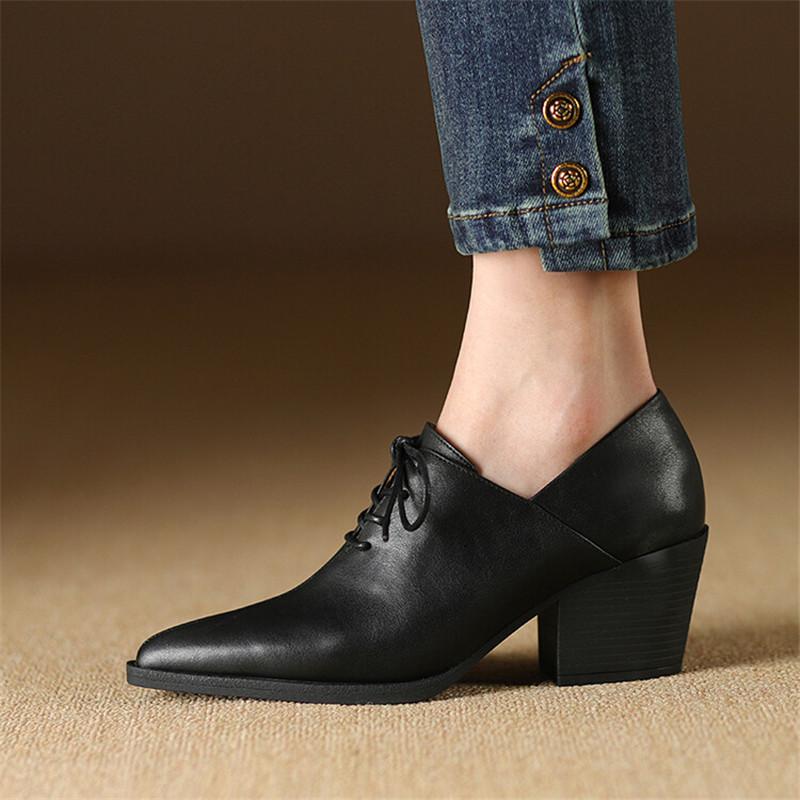 Fashion New Spring Genuine Leather Women Shoes Pointed Toe Women Pumps Fashion High Heel Loafers Shoes for Women Chunky Heel Shoes Black