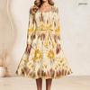 Plus Size Women Square Neck Long Sleeve Printed Navy Blue A Line Dress With Belt