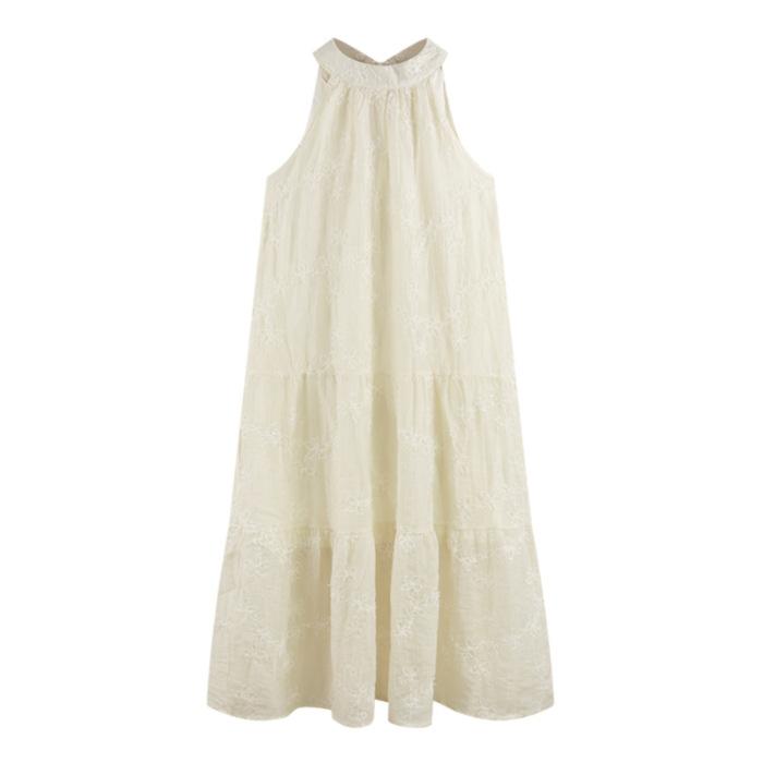 

Design sense niche retro texture sense flower embroidery sleeveless neck temperament long dress super fairy vacation style dress XL абрикосовий