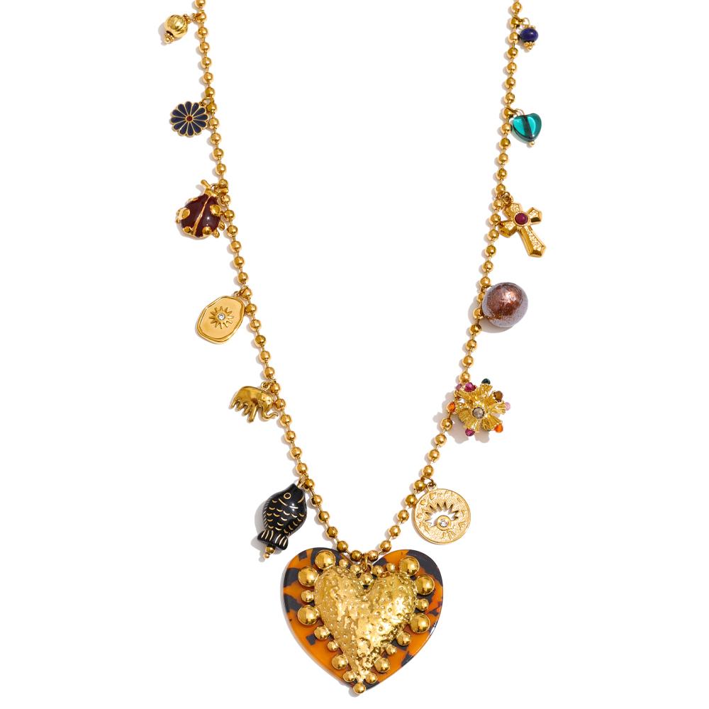 

Yhpup 83+6cm Autumn Winter Sweater Chain Jewelry for Women Stainless Steel Acrylic Heart Flower Fish Charming Necklace Pendant