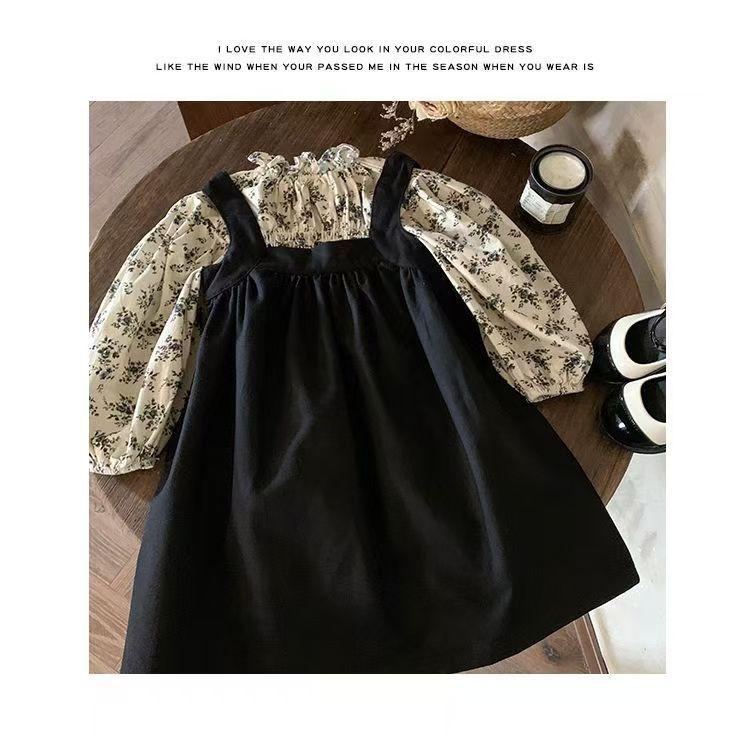2024 Autumn Korean Mori Style Girls' Floral Shirt & Suspender Skirt Set