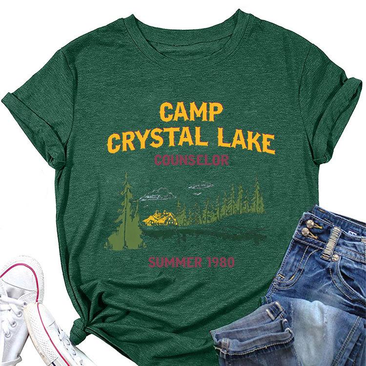 Summer New Womens Shortsleeved Tshirt Camp Crystal Lake Counselor Printed Loose Round Neck Casual Top with All Fashion Pullov