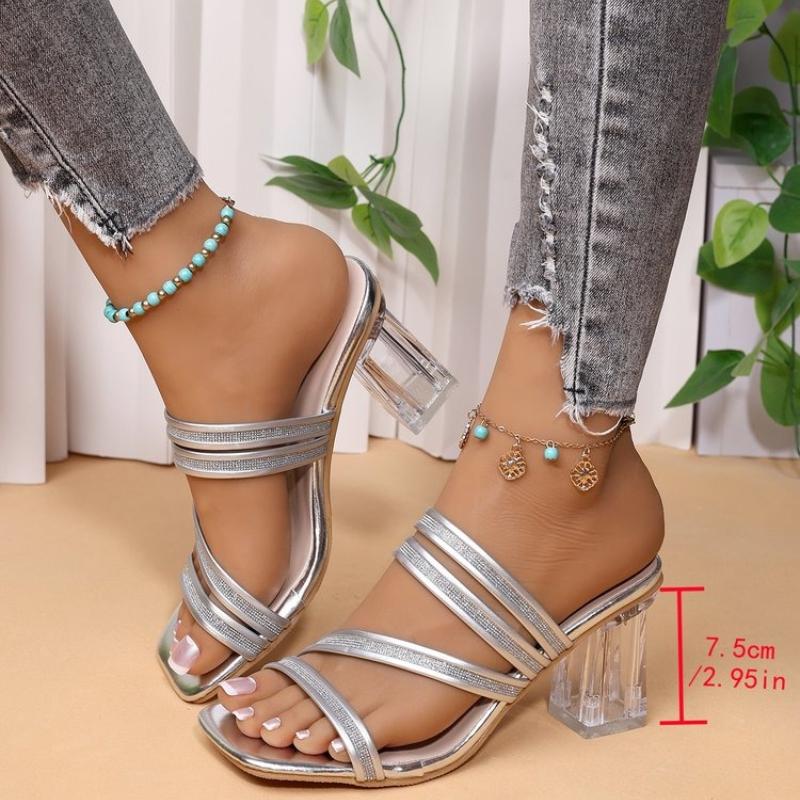 Ladies Shoes 2026 Open Toe Women's Slippers Plus Size Dress Slippers Women Crystal Square Toe High Chunky Heels Modern Sandals